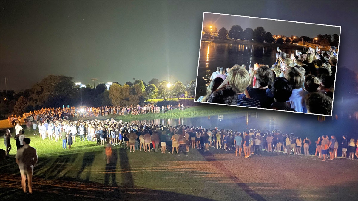wide shot of mass baptisms at Auburn, close-up of same in inset