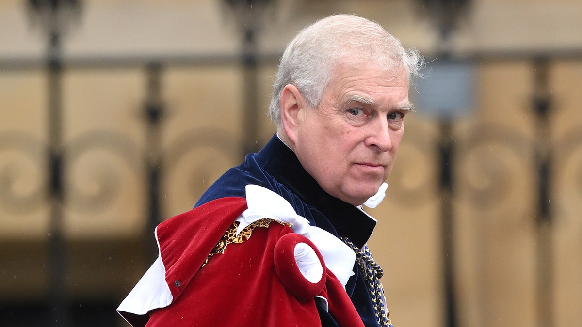 A close-up of Prince Andrew wearing royal regalia