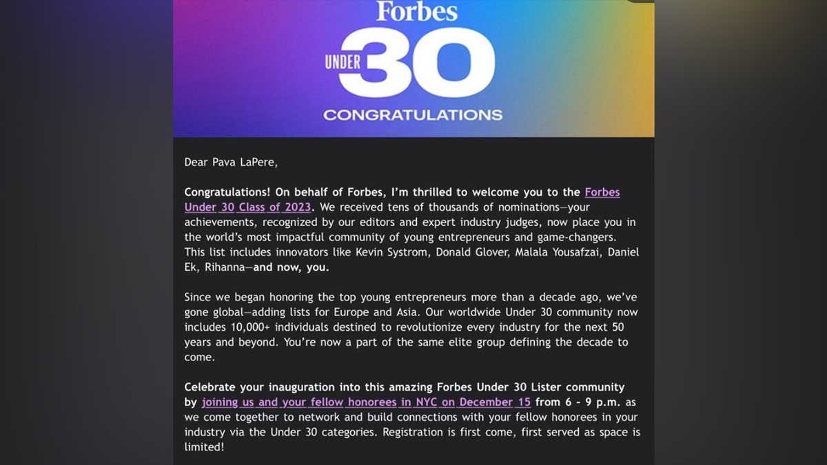 LaPere shares an email showing she is the recipient of a Forbes 30 Under 30 award