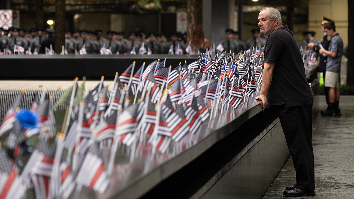 Flags on display at September 11 memorial in New York City