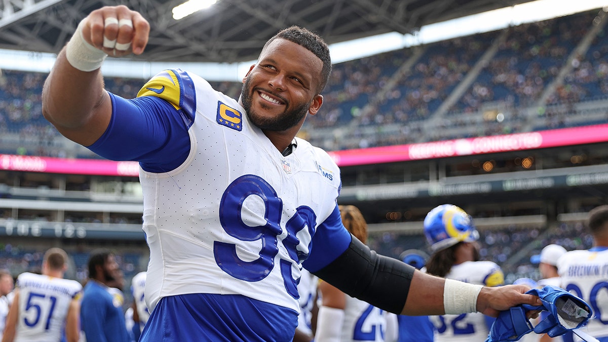 Los Angeles Rams defensive lineman Aaron Donald (99) celebrates