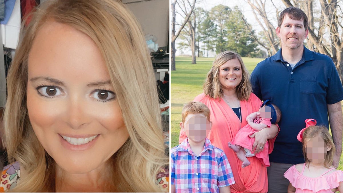 Alabama math teacher poses with husband and three children.