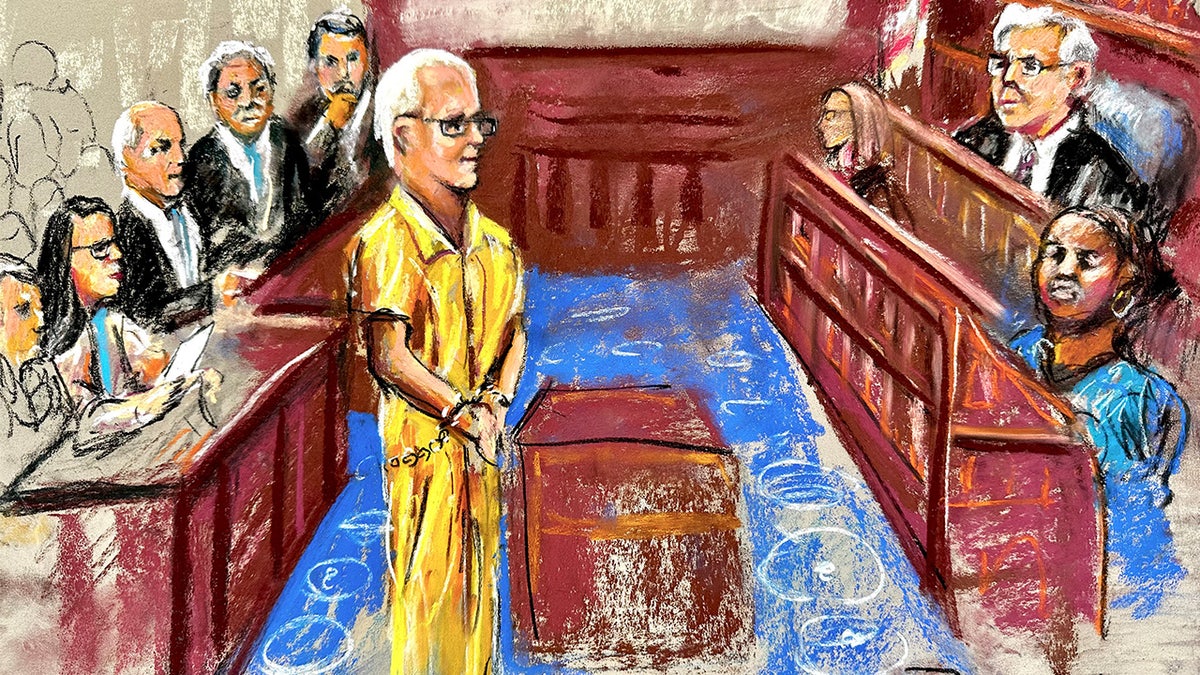 Alex Murdaugh wearing yellow prison-issue jumpsuit in courtroom sketch.