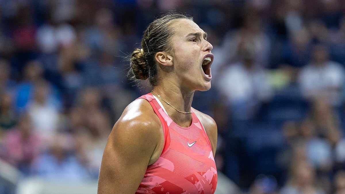 Aryna Sabalenka reacts to play