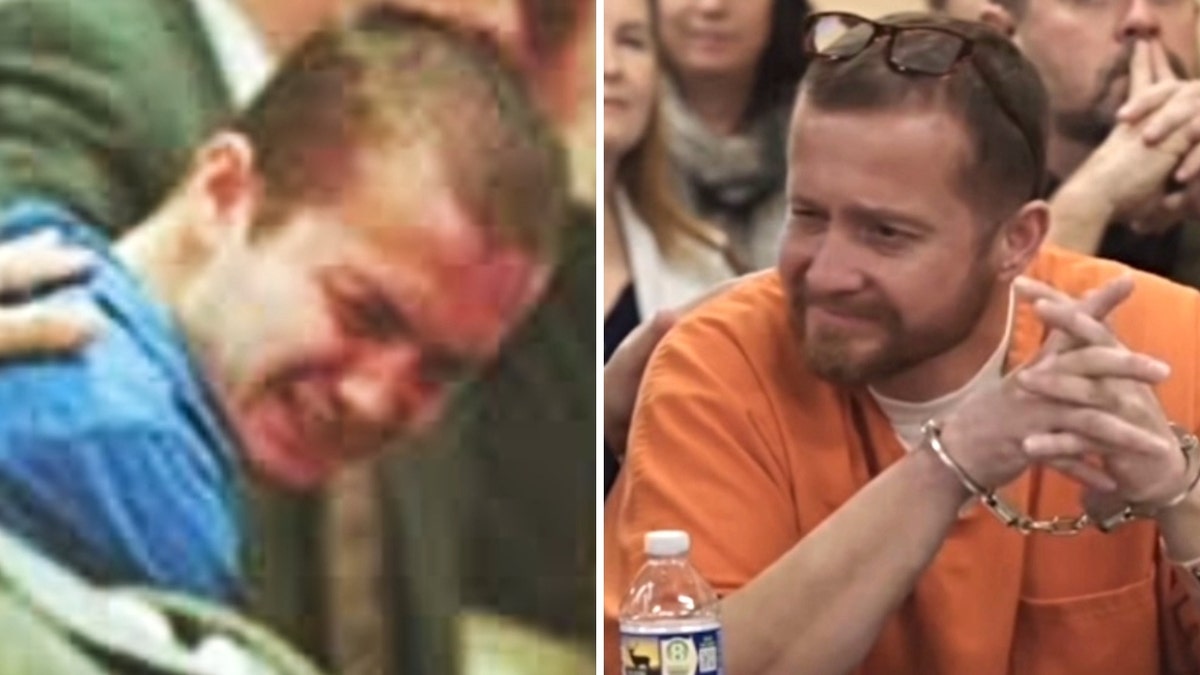 A split image of Watkins in court for his sentencing in 2001 and Watkins in court during his exoneration in 2023