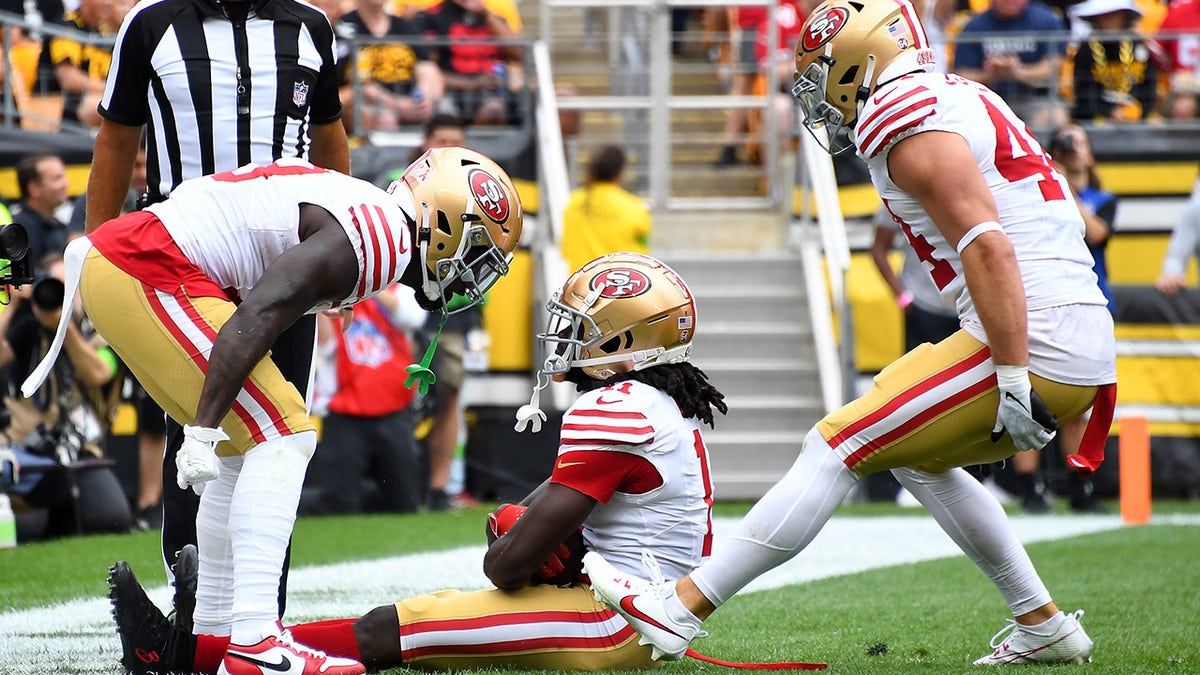 Brandon Aiyuk celebrates touchdown