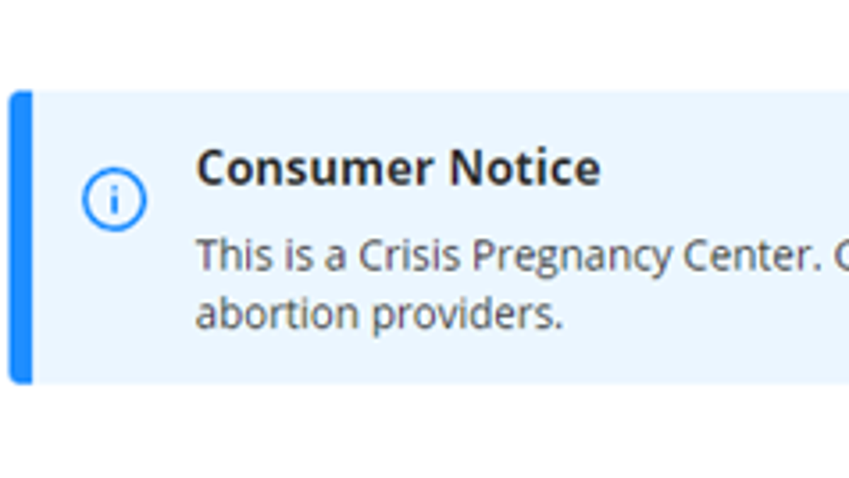 Yelp's consumer notice posted on pregnancy crisis center listings.