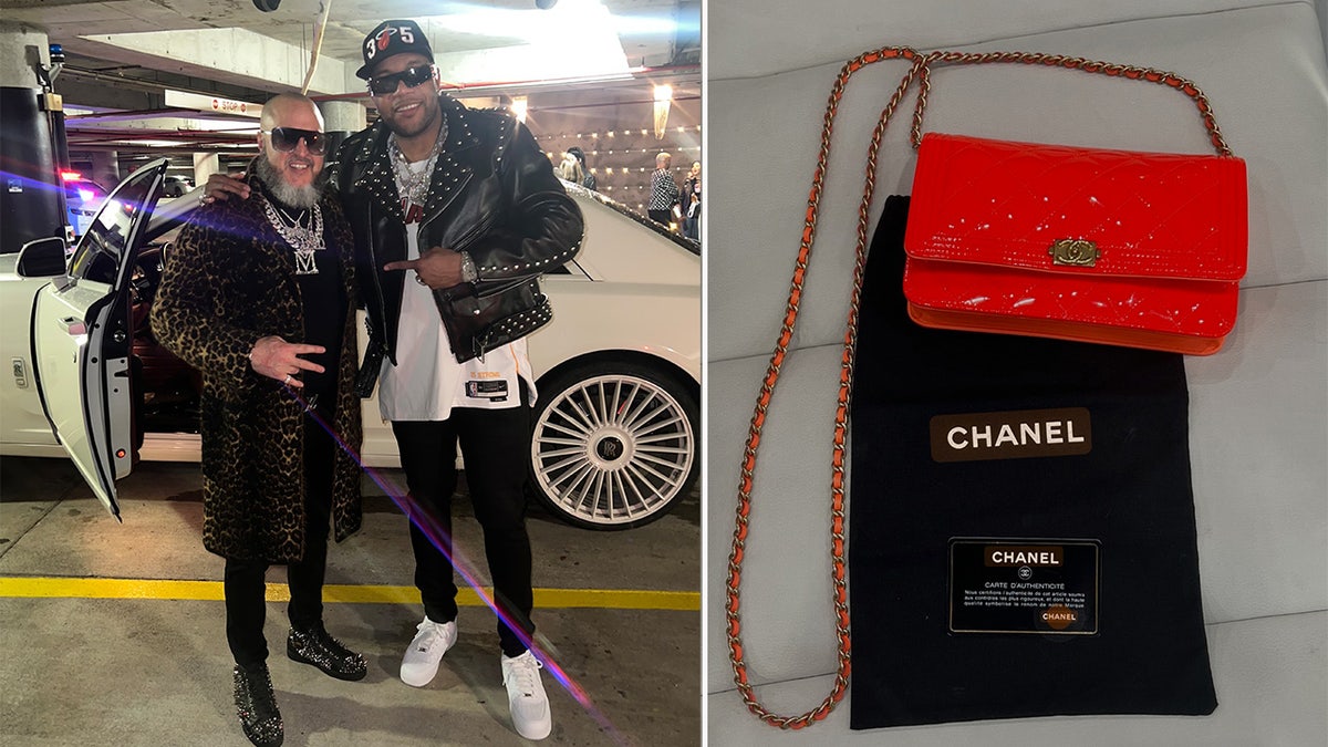 Two men pose in front of a Rolls Royce next to a photo of an orange Chanel handbag