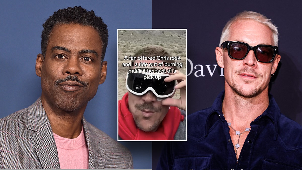 split photos - Chris Rock and Diplo with insert of Diplo leaving Burning Man