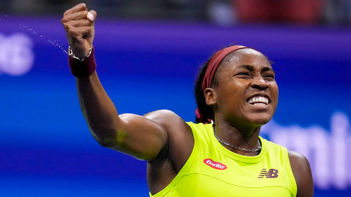 Coco Gauff celebrates a win