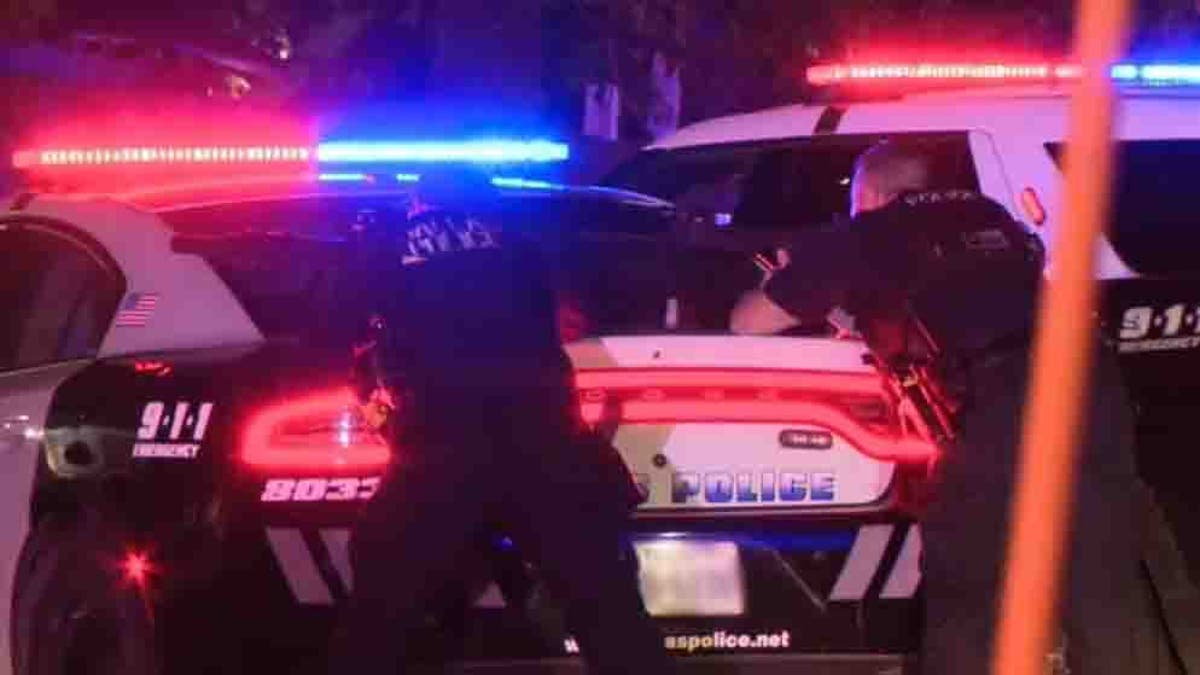 officers taking cover behind patrol car