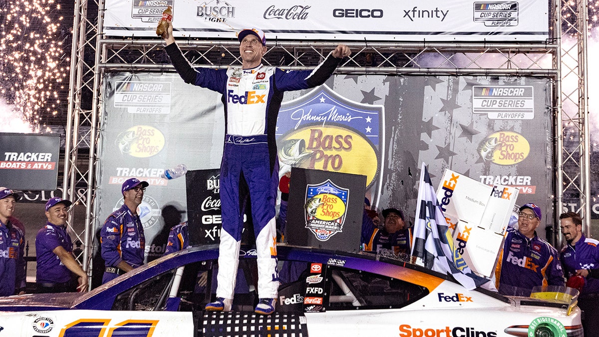 Denny Hamlin celebrates