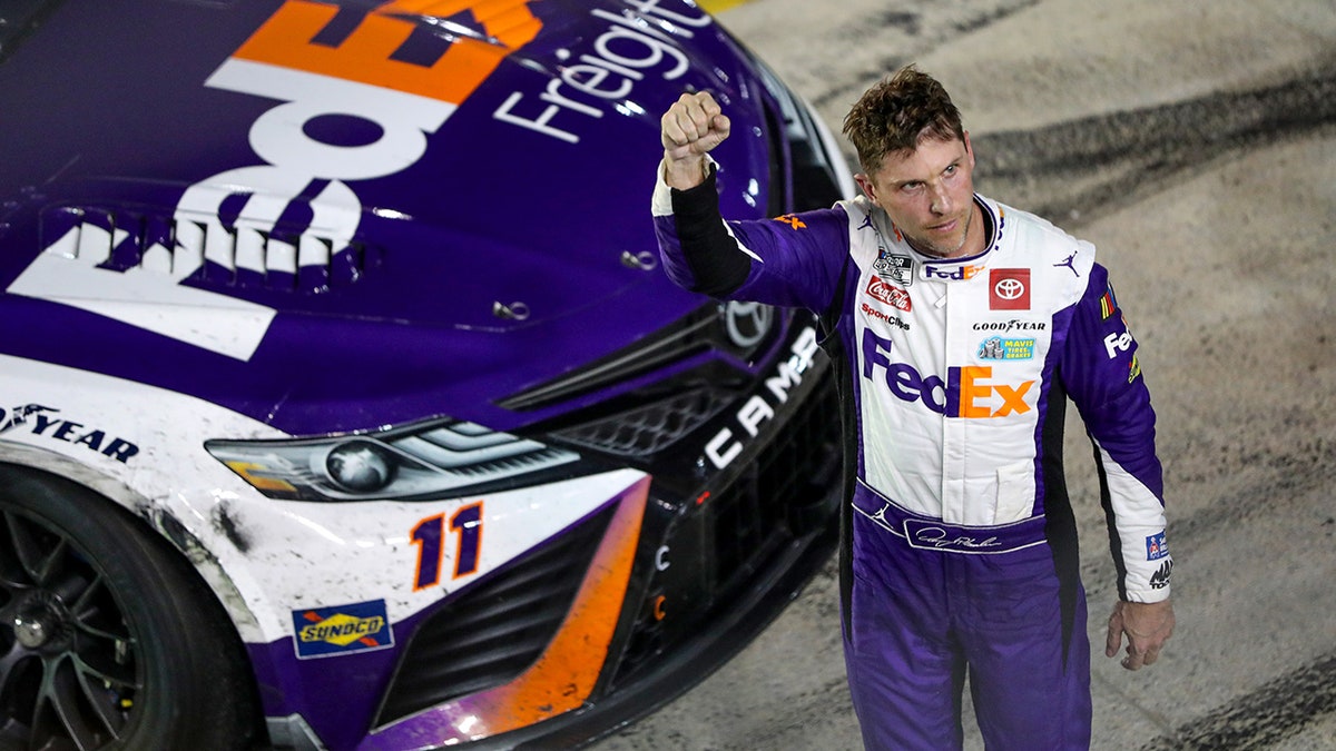 Denny Hamlin at the start-finish line