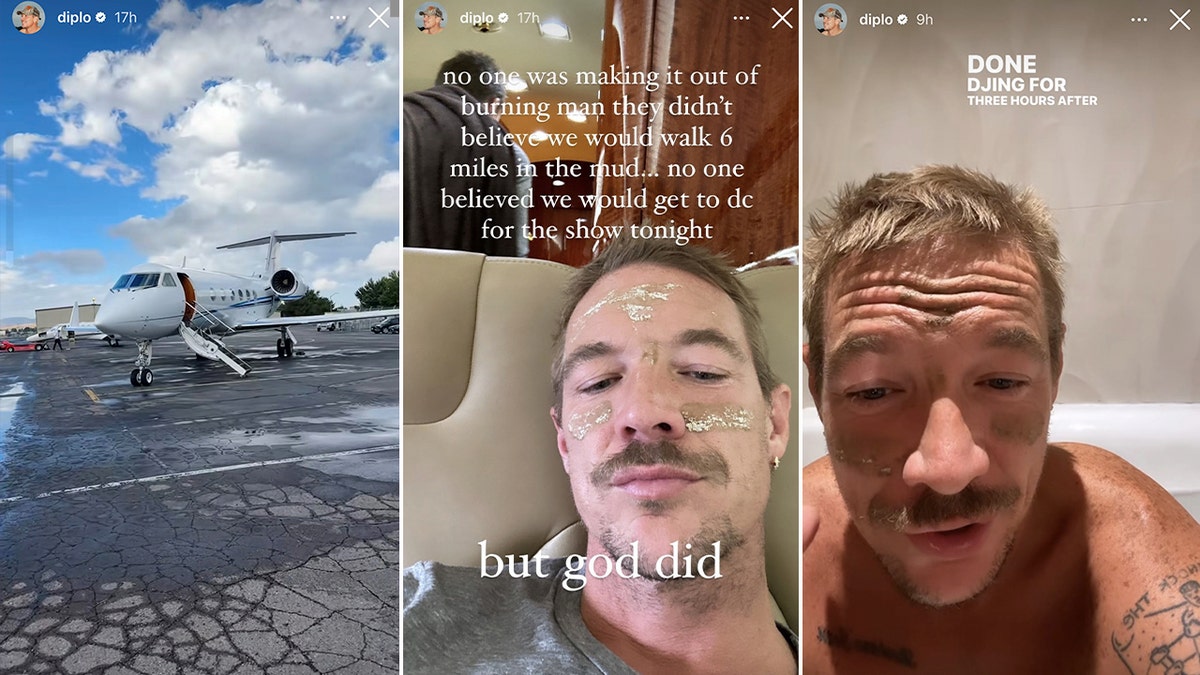 triple split photos - Diplo's plane, Diplo on the plane, Diplo in bathtub