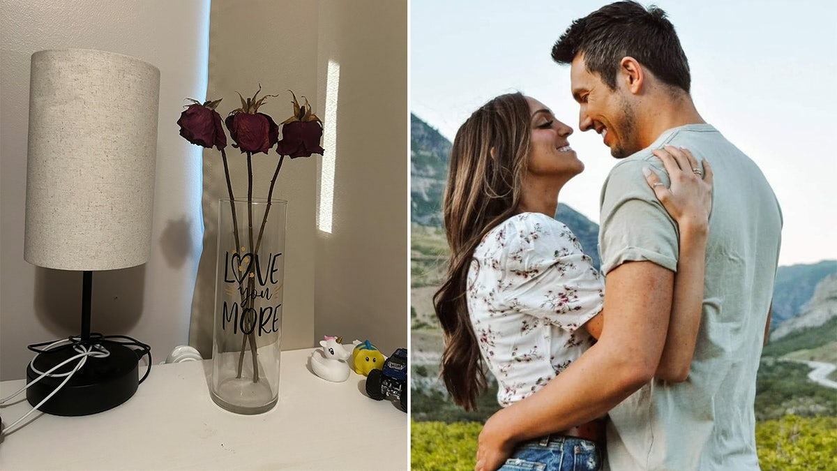 Dried roses on nightstand next to couple looking into each other's eyes outside.