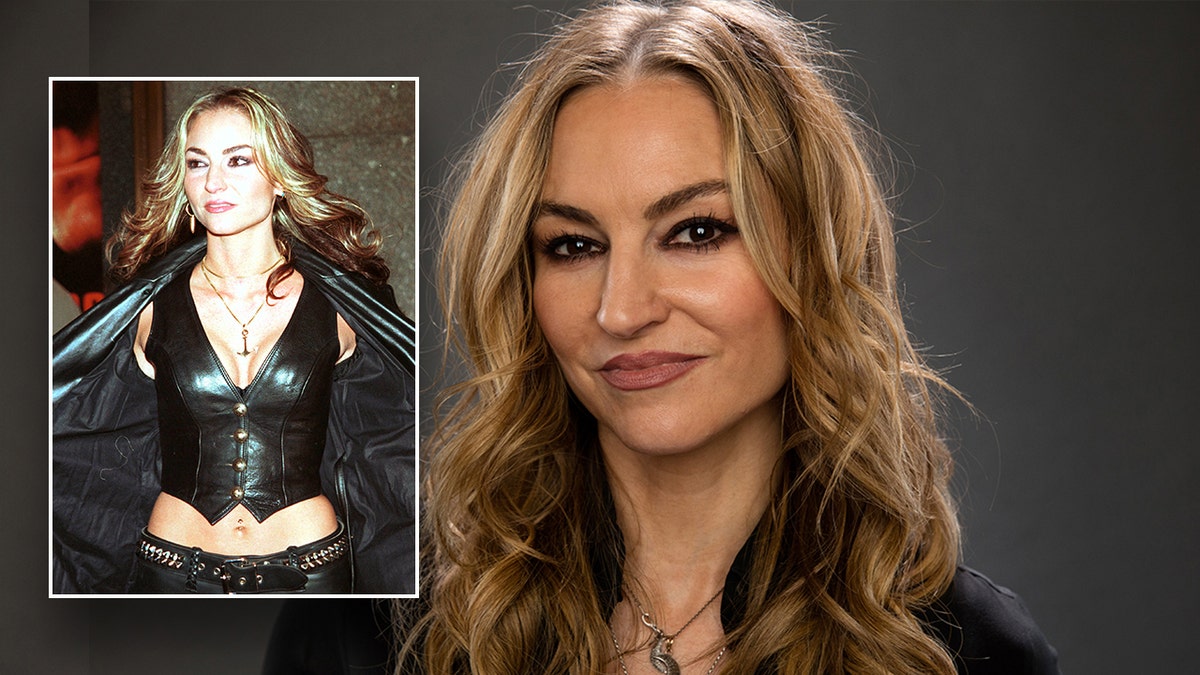 Drea de Matteo headshot with inset of older red carpet photo in black leather