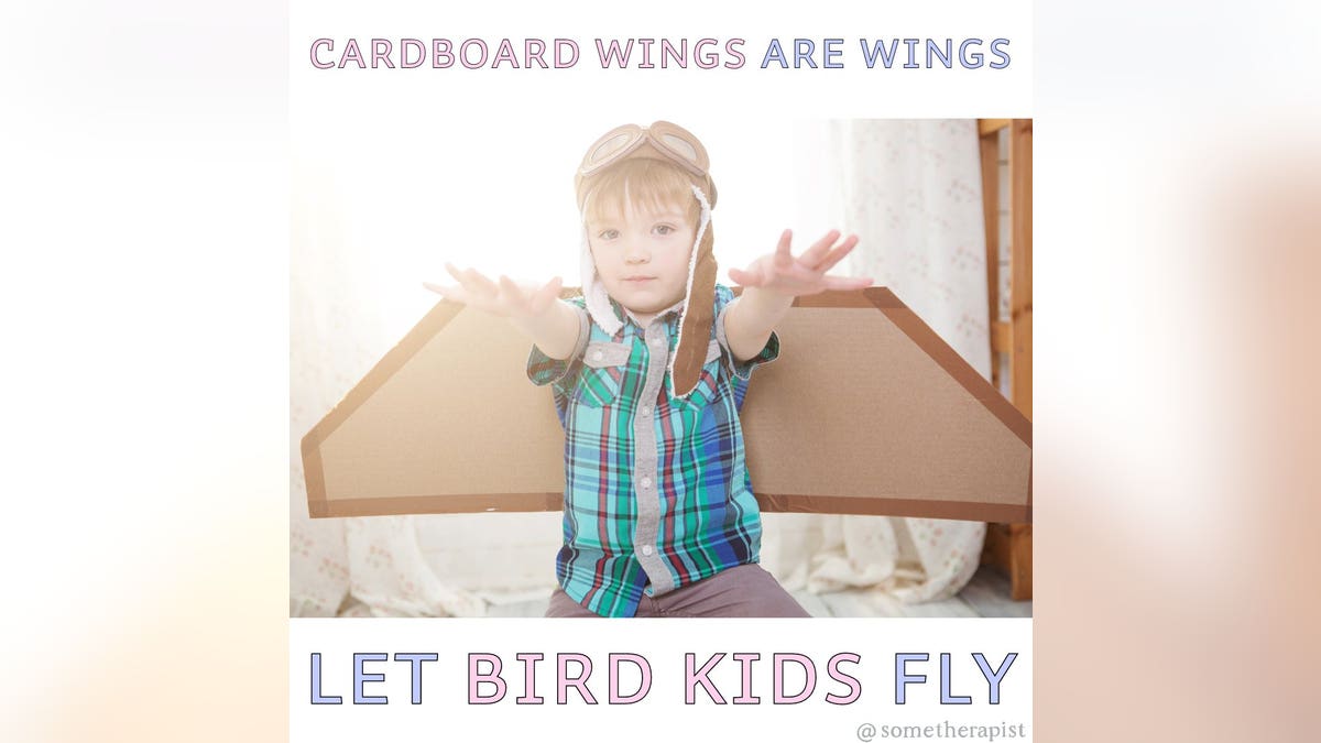 meme of young boy wearing cardboard wings on his back