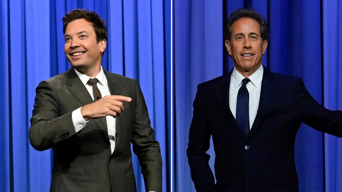 Comedian Jerry Seinfeld, right, defended late-night host Jimmy Fallon after former staffers told Rolling Stone that they saw Fallon scold an employee. 