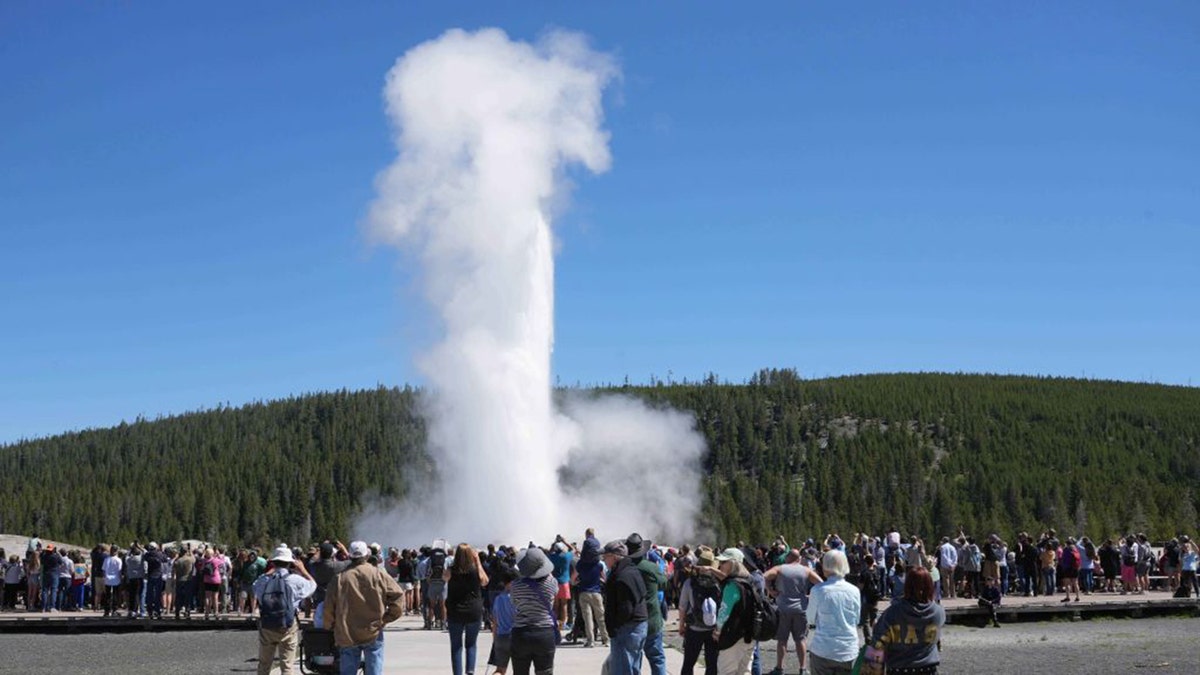 geyser erupting with crowd