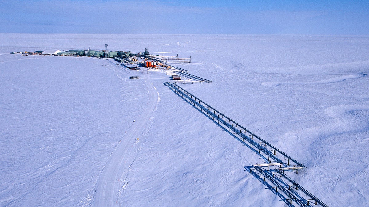 An aerial presumption    of lipid  improvement  facilities successful  Prudhoe Bay connected  the North Slope of Alaska connected  the borderline   of the Arctic National Wildlife Refuge.