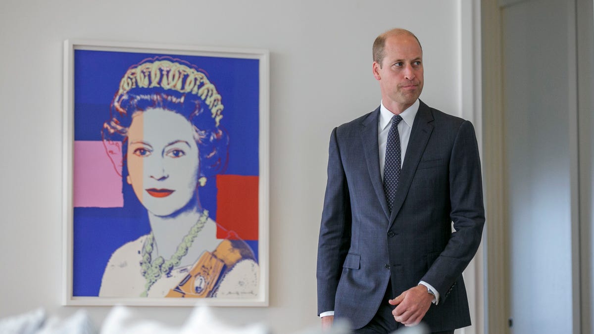 Prince William with Queen Elizabeth print in background
