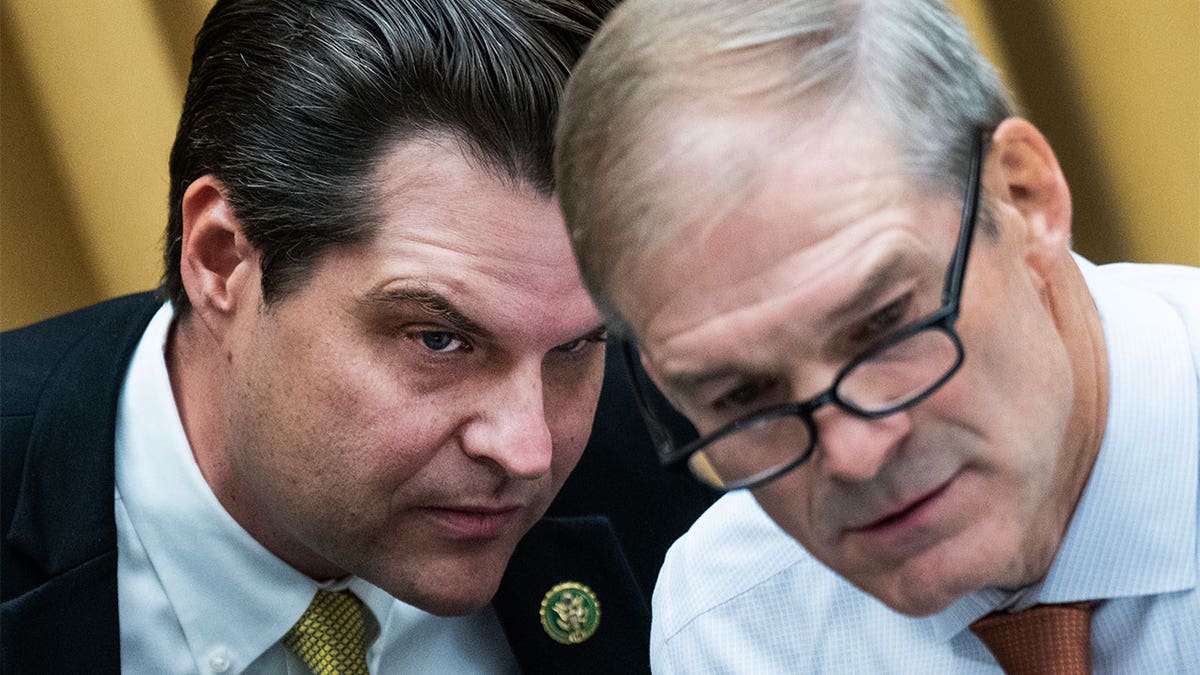 Rep. Matt Gaetz, R-Fla., left, and Chairman Jim Jordan, R-Ohio