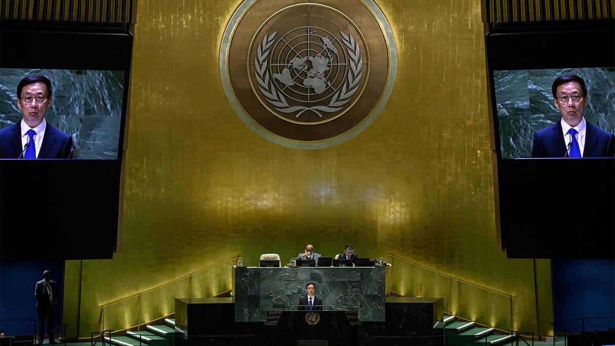 O vice-presidente da China, Han Zheng, discursa na Assembleia Geral das Nações Unidas