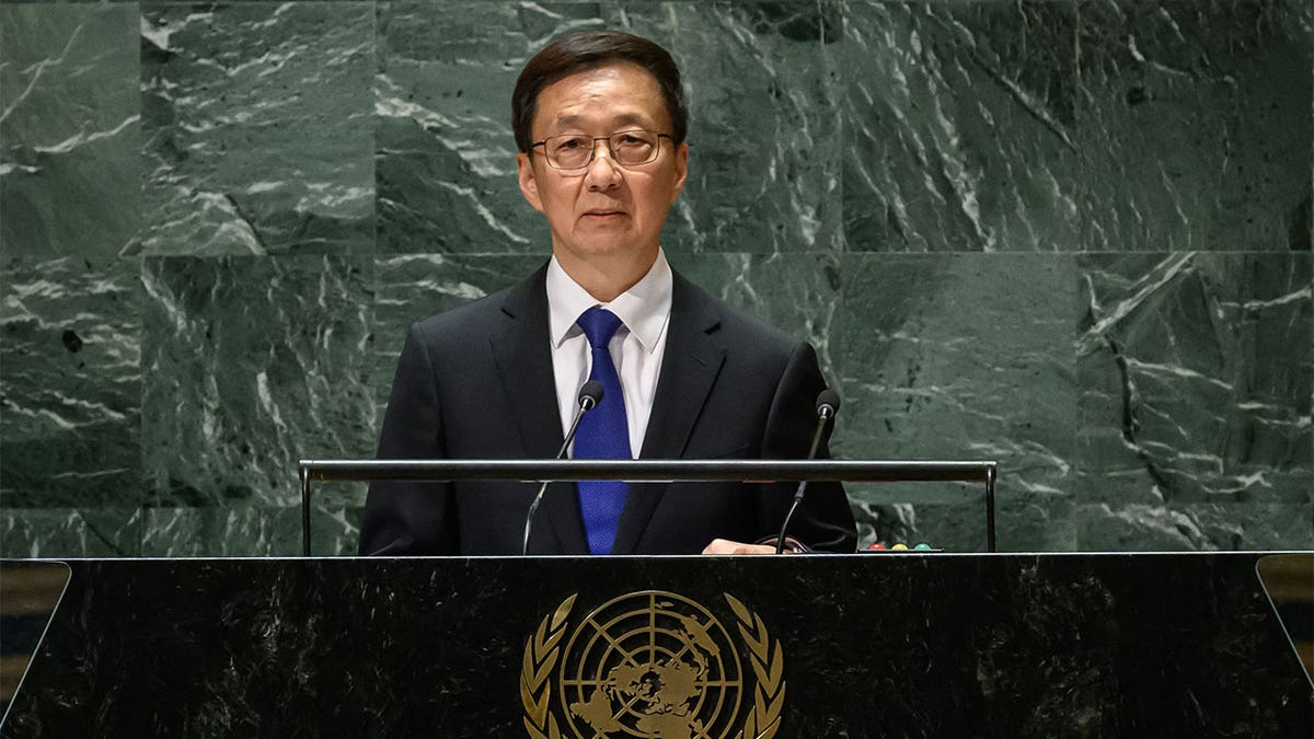 O vice-presidente da China, Han Zheng, discursa na Assembleia Geral das Nações Unidas