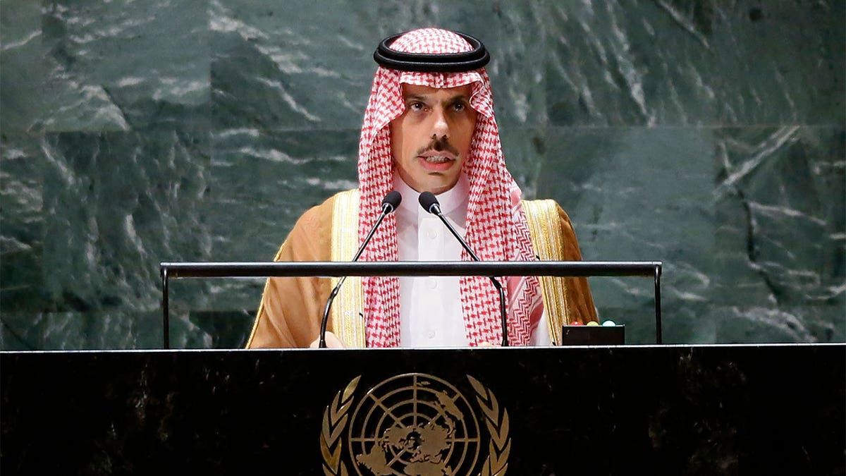 Saudi Foreign Minister Prince Faisal bin Farhan addresses the United Nations General Assembly