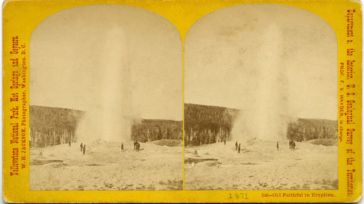 19th century photo print of Old Faithful erupting