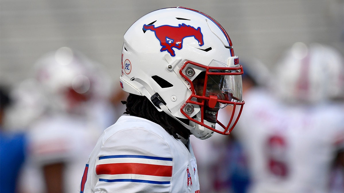 The SMU mustang logo on a helmet