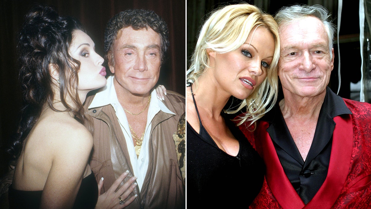A side-by-side photo of Bob Guccione and Hugh Hefner with their models