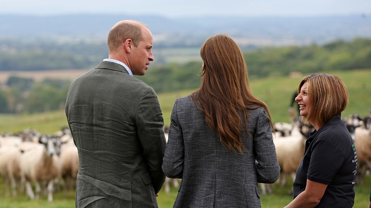 Prince William and Kate Middleton with their backs turned looking at a field with sheep