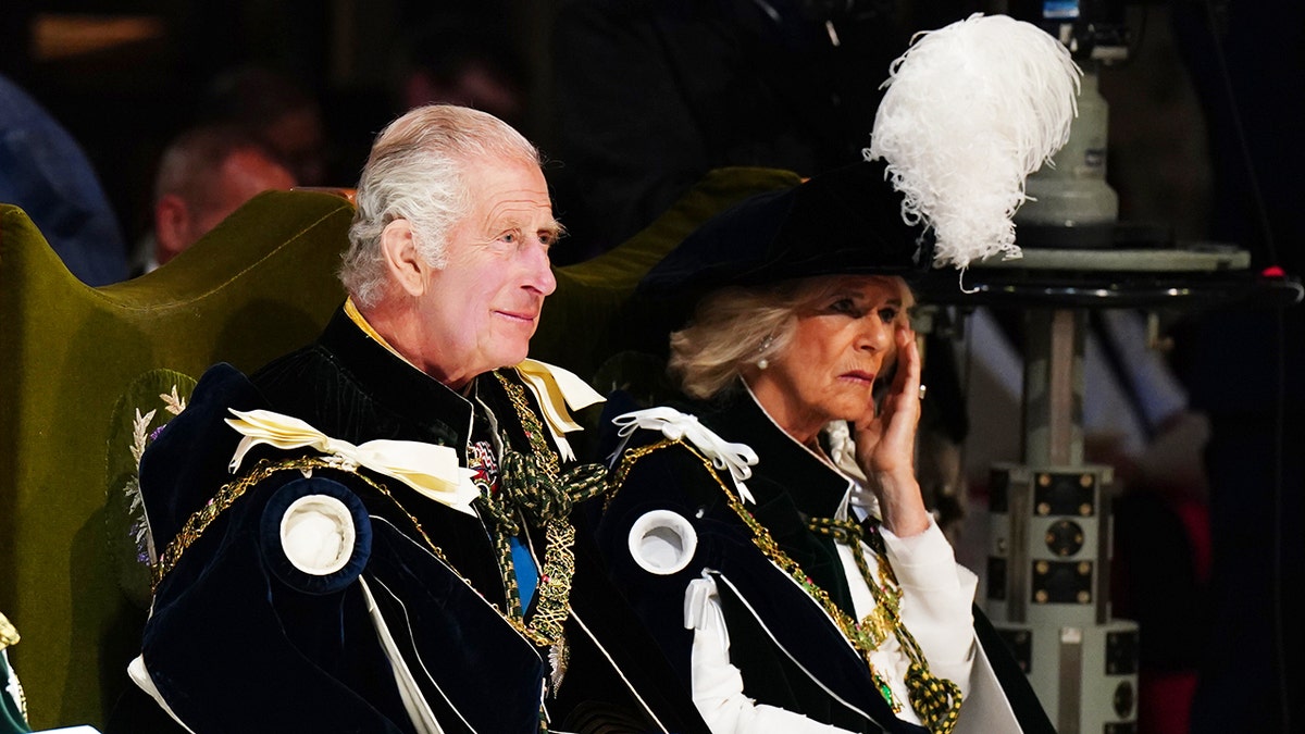 A close-up of King Charles and Queen Camilla looking serious wearing velvet robes
