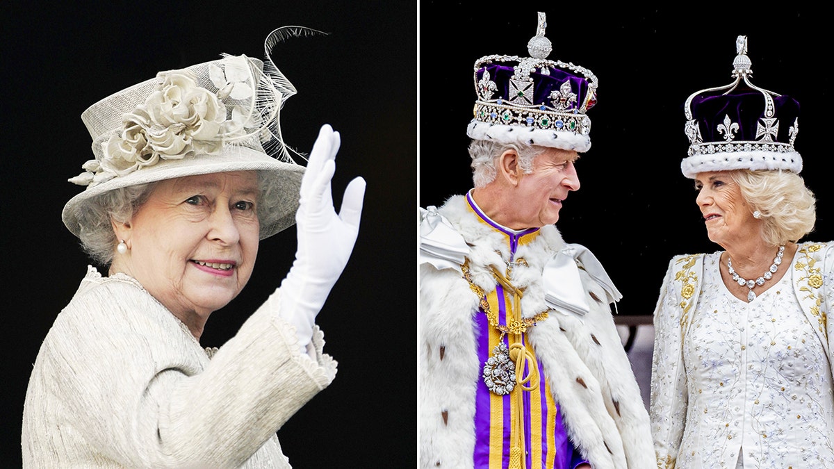a split side-by-side photo of Queen Elizabeth II and King Charles looking at Queen Camilla
