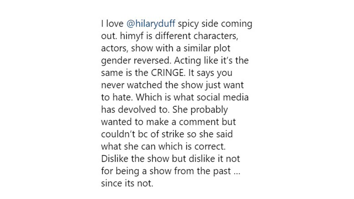 A comment supporting Hilary Duff