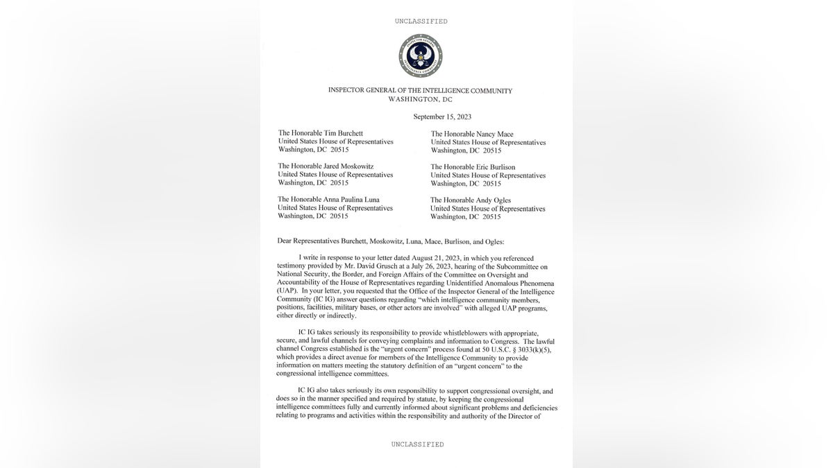 The Inspector General of the Intelligence Community's response to lawmakers' request for more information about UFO whistleblower David Grusch's claims of secret crashed UFO retrieval and reverse engineering programs.