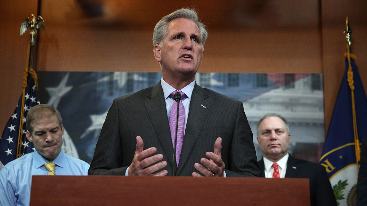 House Speaker Kevin McCarthy speaking to a crowd.
