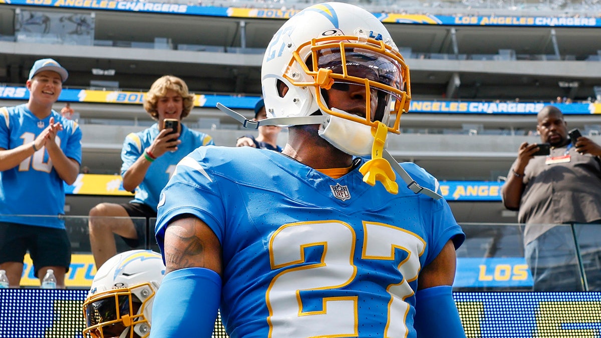 Los Angeles Chargers cornerback J.C. Jackson walks on field