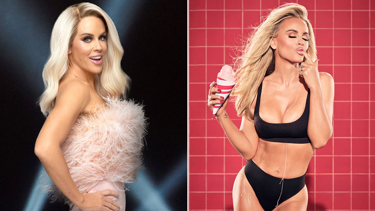 Splitscreen of Jenny McCarthy in dress and in a bikini