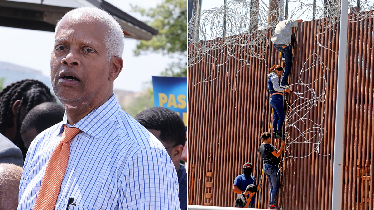 Hank Johnson on the left and people climbing the border wall on the right