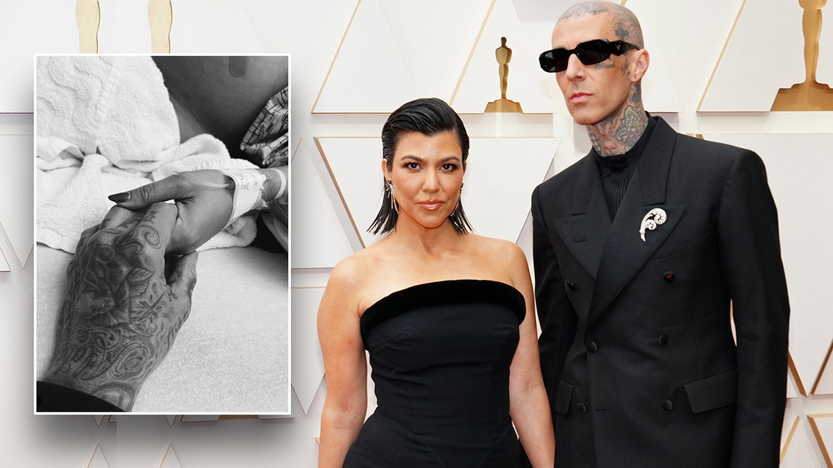 Kourtney Kardashian and Travis Barker inset with black and white hospital picture