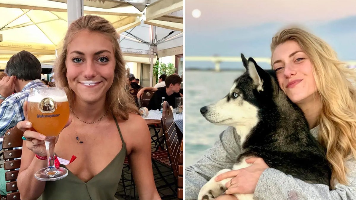 Woman holds beer and her husky on the beach.