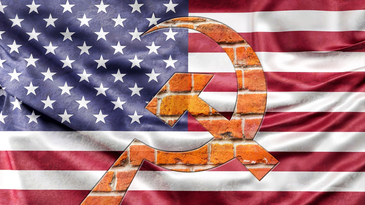 hammer and sickle on American flag