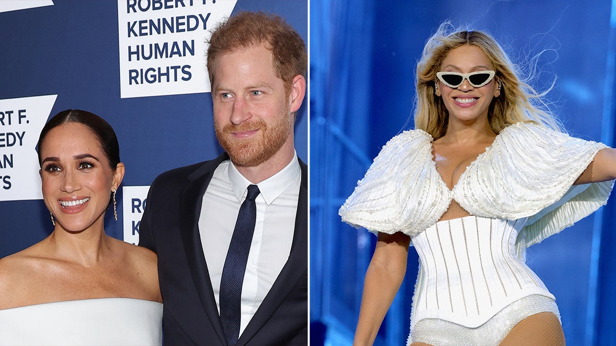 Split screen of Meghan Markle and Prince Harry with Beyonce