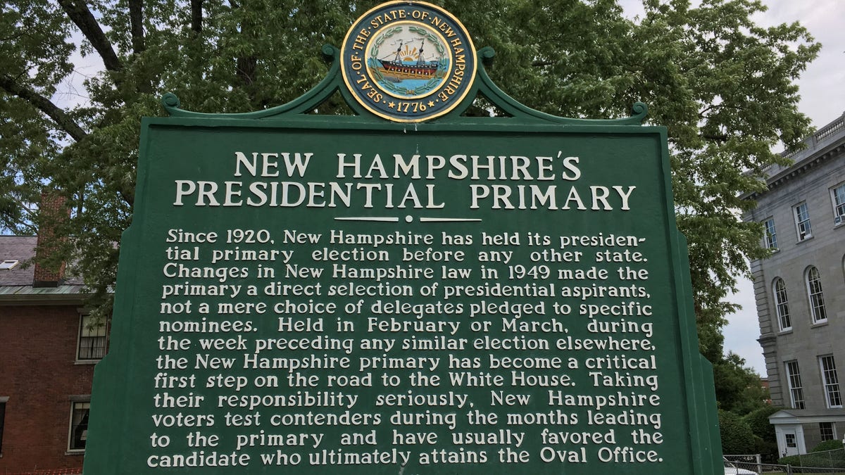 A sign outside the state capital building in Concord, New Hampshire