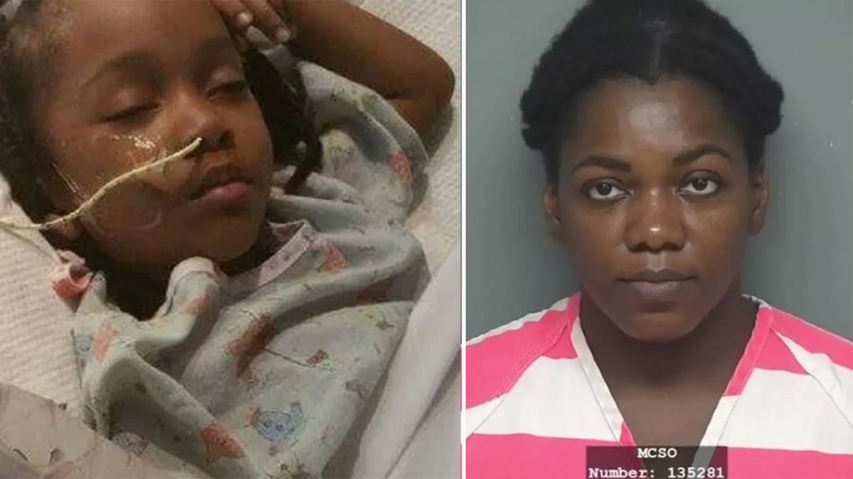 Little girl with a tub connected through her nose and a mug shot of her dentist.
