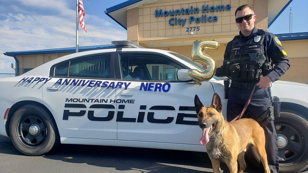 Officer posing with police dog.