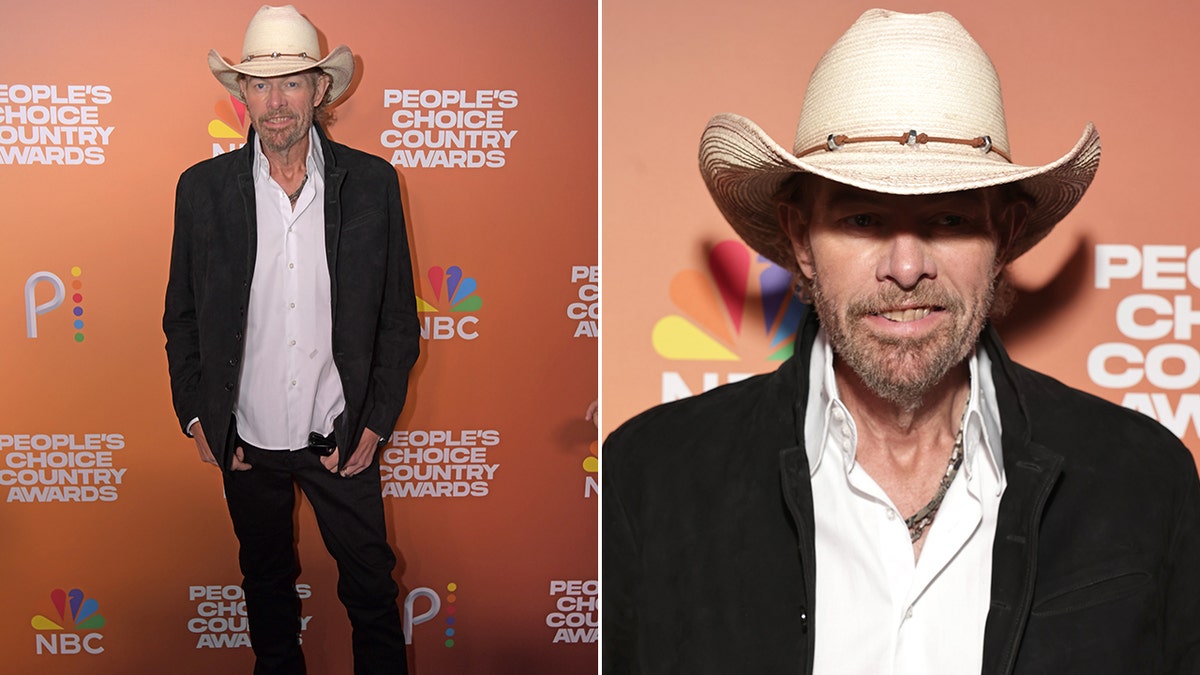Toby Keith usa chapéu de cowboy e blazer no Peoples Choice Country Awards