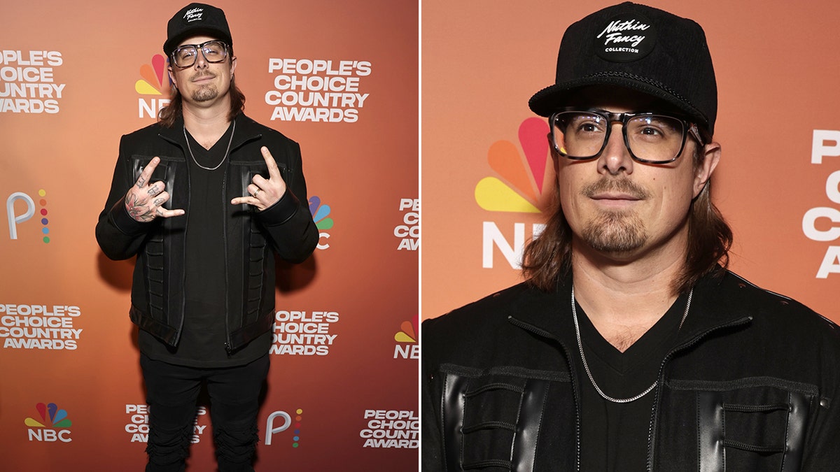 Hardy rocks black hat with leather jacket and pants at country awards